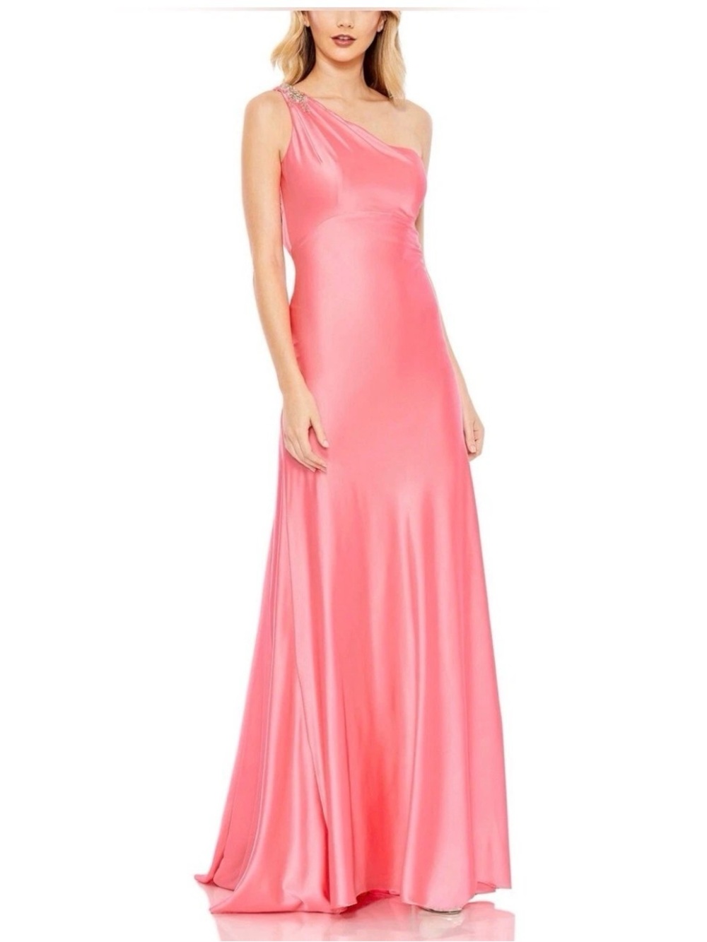 Mac Duggal Coral Pink One-Shoulder Satin Evening Gown
